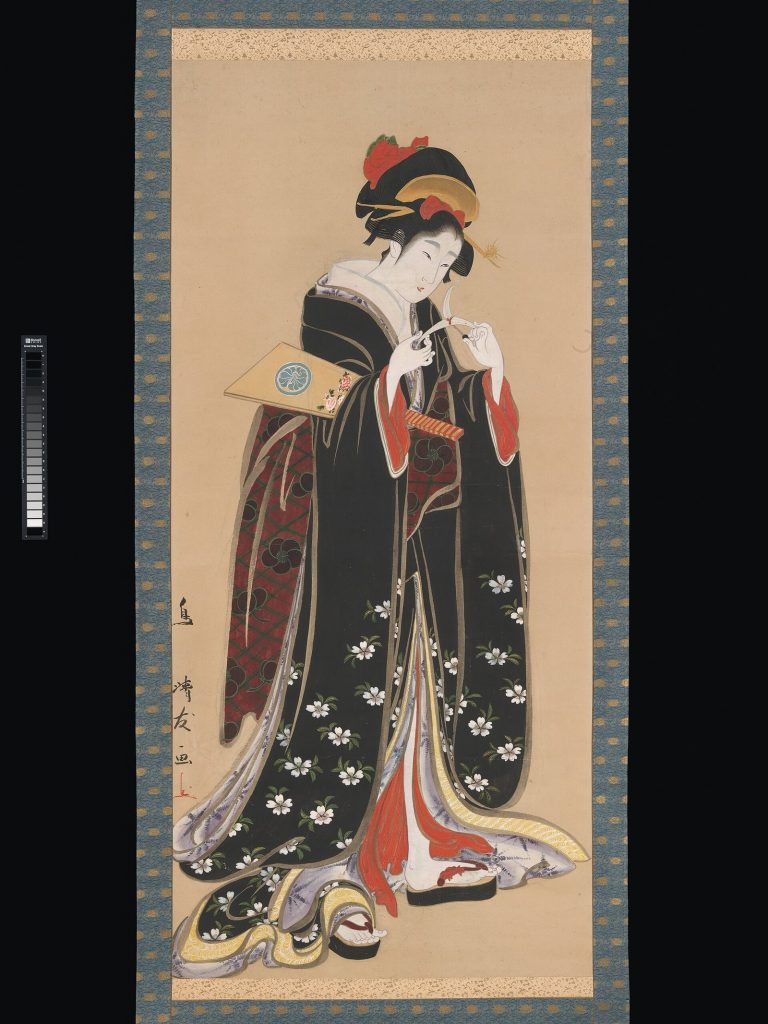 Japanese hanging scroll painting of a woman in a kimono holding a battledore paddle