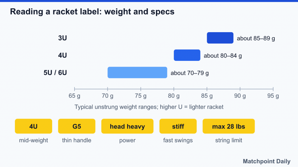 Bar chart of typical racket weights for 3U, 4U and 5U/6U, plus a decoded label: 4U, G5, head heavy, stiff, 28 lbs