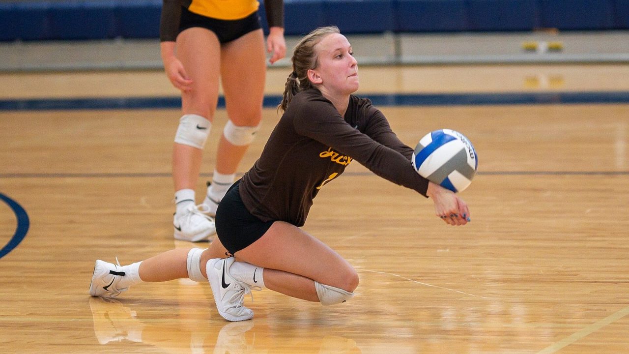 A volleyball player in a dark contrasting jersey digging a low ball with her forearms on an indoor court